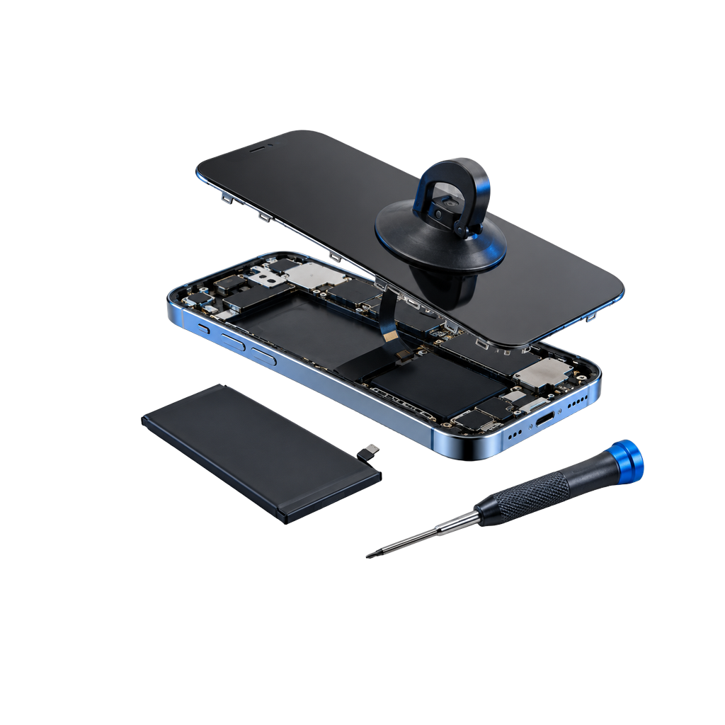 Smartphone in reparatie met het scherm losgemaakt, een zuignap, accu en precisieschroevendraaier