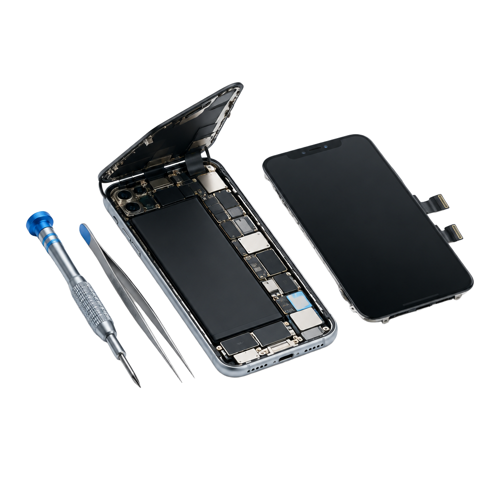 Een geopende smartphone, vervangend scherm en precisiegereedschap
