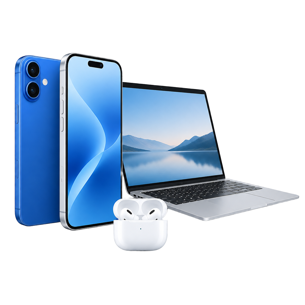 Blauwe en zilveren smartphones, een laptop en draadloze oordopjes